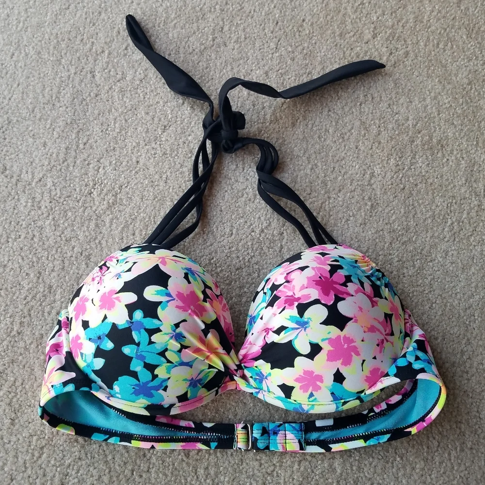 Sexy Black Floral Halter Push-up Bikini Top California Waves